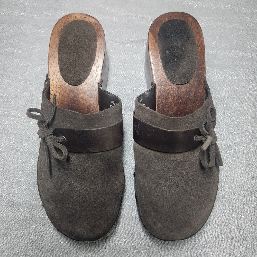 Vtg Y2K American Eagle Brown Suede Wood Platform Clogs Studded Leather Tie 90s 8
